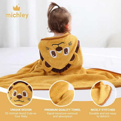 MICHLEY Lion Bamboo Baby Bath Towel Hooded Newborn Cute Cartoon Toddler Infant Bathrobe Shower Unisex For Kids Girls Boys 0-5T