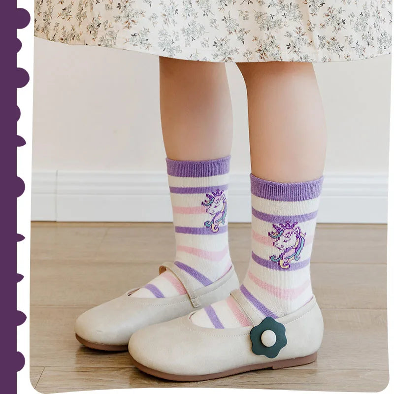 5 Pairs Children's Socks Autumn Cotton Socks Girls Mid Calf Socks Purple Unicorn Cartoon Socks Girls Cute Pattern Socks