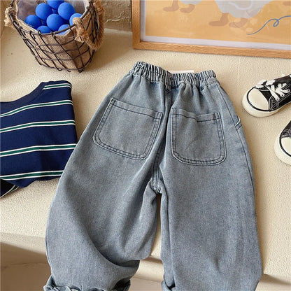 Spring and Autumn Children's Contrast Wide Leg Jeans Contrast Loose Relaxed Pants for Boys and Girls Jeans Baby Kids Trousers