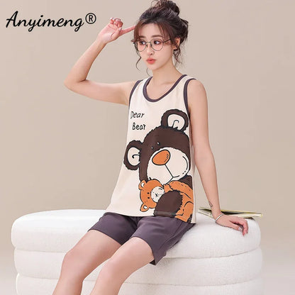 New Summer Woman's Cotton Pajamas Set Shorts Sleeveless Cartoon Sleepwear Ladies Pijamas Women M-3XL Fashion Leisure Homewear