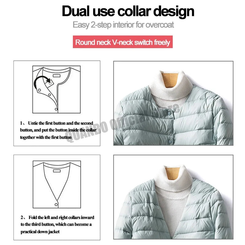 Women Liner Duck Down Jacket O-neck Variable V-neck 2022 New Female Winter Keep Warm Collarless Ultralight Quilted Puffer Coat