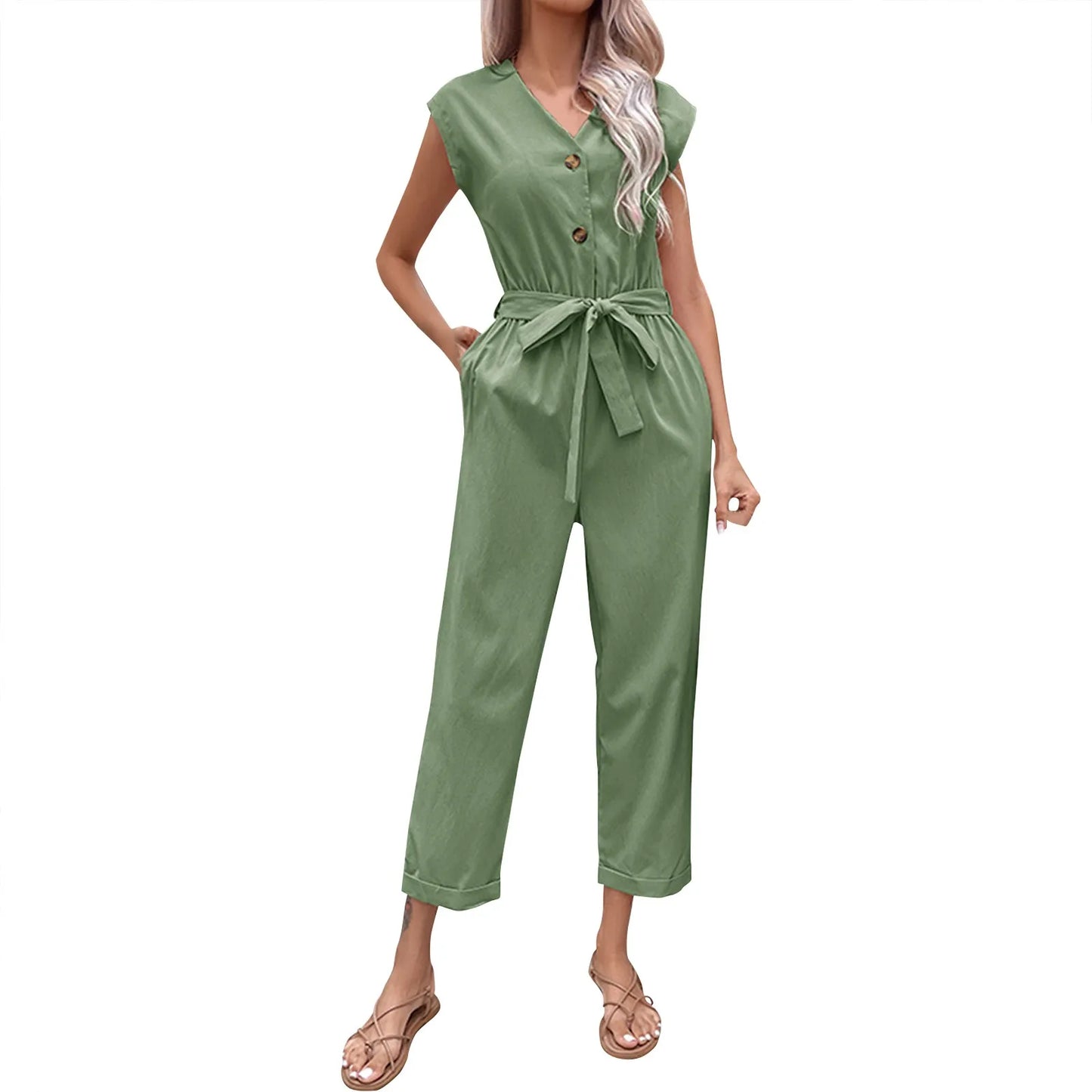 Summer Fashion Short Sleeve Jumpsuit Women Loose Cropped Pants Jumpsuit Women's Solid Color Casual V-neck Jumpsuit vestidos para