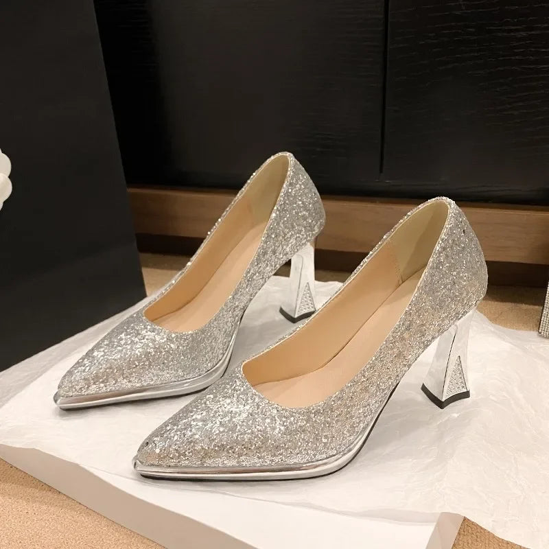 Women High Heels Pumps Lady Stiletto Wedding Bridal Gold Silver Heels Nightclub Office Party Sparkly Sequins Bling Women Sandals