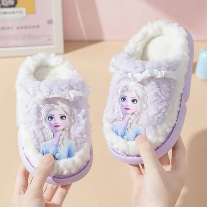 Disney Princess Elsa Winter Children's Cotton Slippers Girls' Frozen Non slip Warm Cartoon Baby Slippers Pink Blue Shoes Size 24