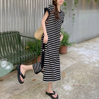 2024 New Casual Korean Striped O-neck Short Sleeve Long Dress Ladies Simplicity Patchwork Loose Tshirt Dress Women Clothing