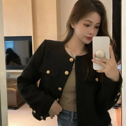 Wool Coat Women Jacket Short Autumn Winter Cardigan Long Sleeve Top Single Breasted Tweed Versatile Wool Top Full Sleeve 2024