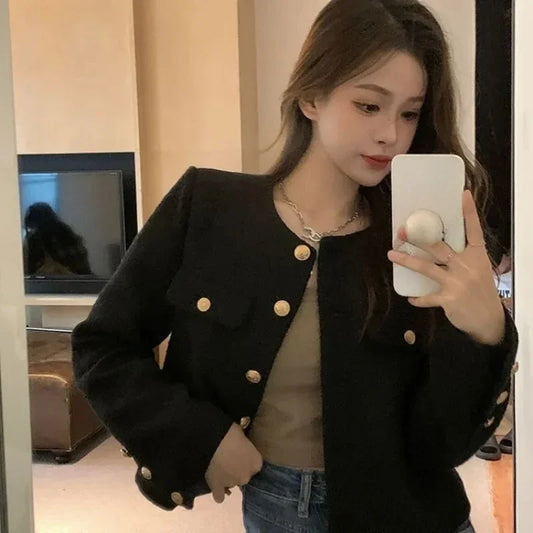 Wool Coat Women Jacket Short Autumn Winter Cardigan Long Sleeve Top Single Breasted Tweed Versatile Wool Top Full Sleeve 2024