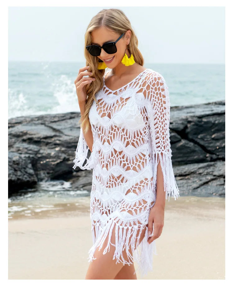 Bikini Cover Up Sexy Hollow out Fringe Beach Dress 2023 Summer Women Bathing Suits Beachwear Tunics Cover-ups