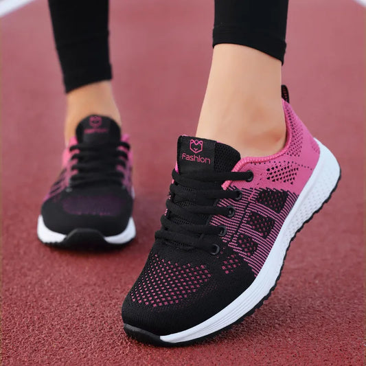 Women Casual Shoes Breathable Walking Mesh Lace Up Flat Shoes Sneakers Women Tenis Feminino Pink Black White