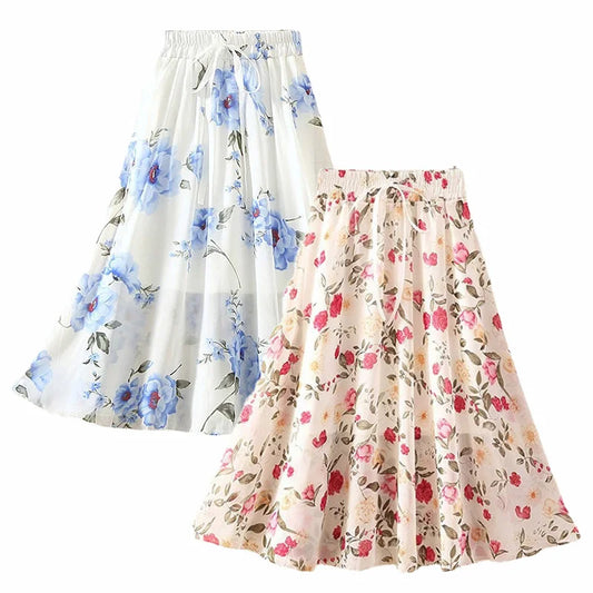 Spring Summer Floral Girl Skirt Chiffon Long Length Fashion Teenager Girl Clothes Elegant Princess Plus Size Tutu Tulle Big