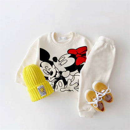 Mickey Printed Sweatshirts Baby Girl Two Piece Set Disney Casual Pure Color Long Sleeve Outfits For Child Spring Autumn Clothing