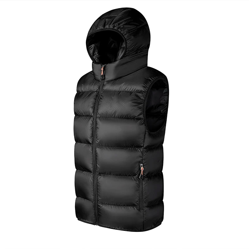 2024 Men Patcwork Sleeveless Down Hooded Vests Jackets Hot Fashion Male Outdoor Winter Casual Waistcoat Windproof Jacket