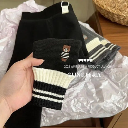 Autumn Winter Girls Leggings Fleece Thickened Striped Hem Children Girls Underwear Pants Kids Girls One-piece Fleece Pants