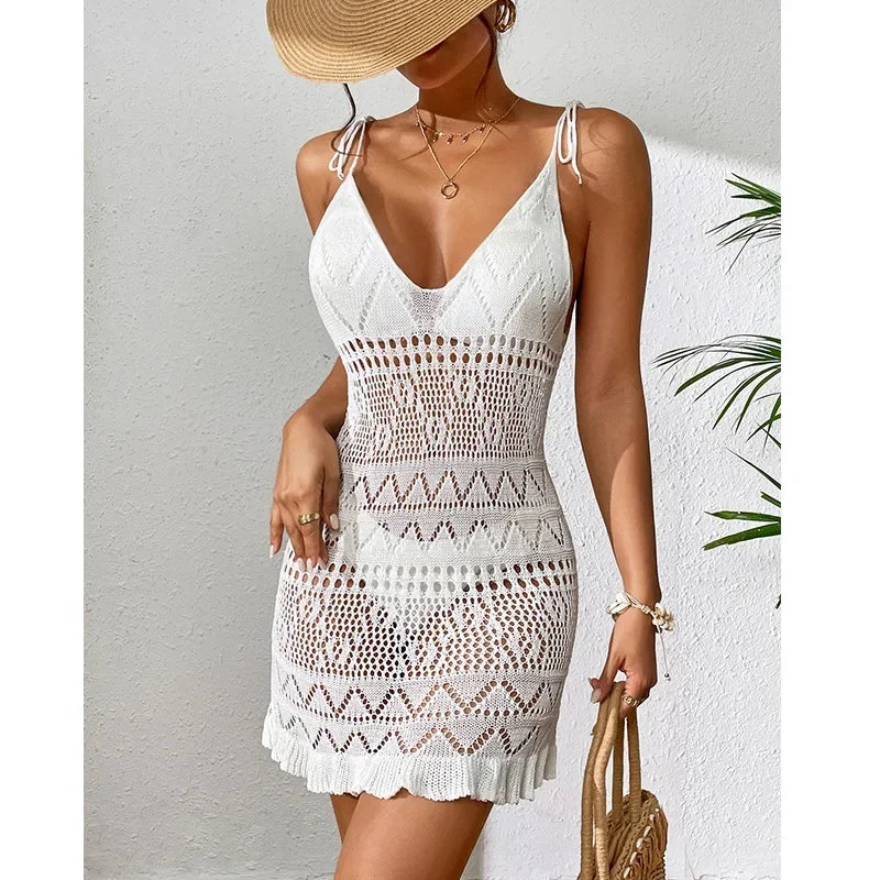 Sexy Womens Crochet Beach Dress See-through Beachwear Pareo Swimsuit Woman Bathing Suit White Dress Beach Cover Up Women Holiday