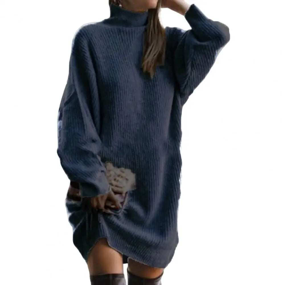 Fashion Midi Dress Coldproof Knee Length Women Winter Knitted Solid Color Pullover Knitting Dress