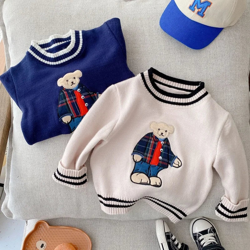 2023 Autumn Children Sweater 0-5Years Kids Boy Girl Long Sleeve Cartoon Bear Pullover Knitting Wool Jumper Warm Winter Clothes