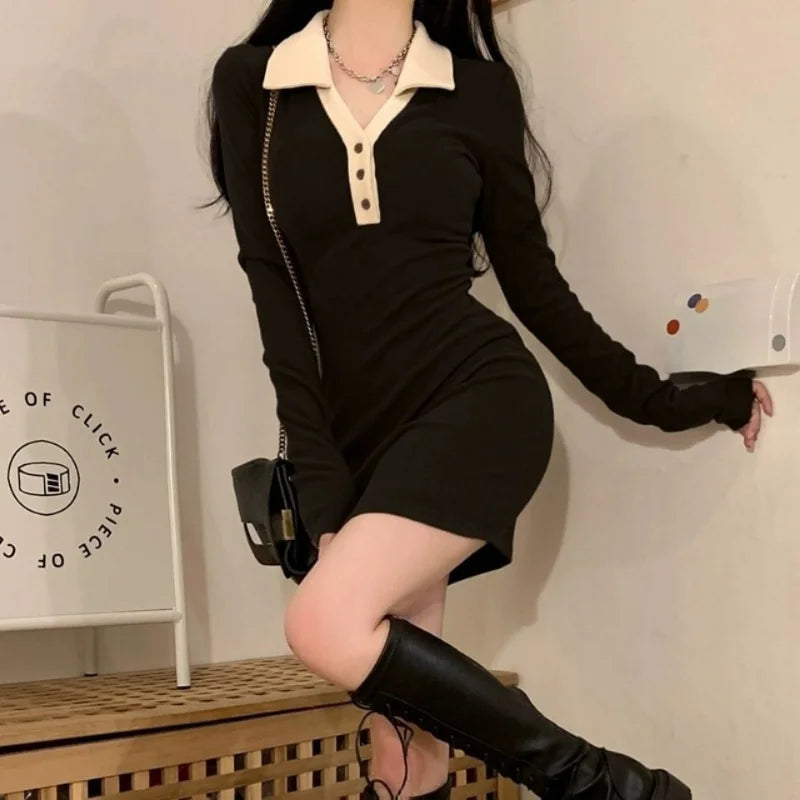 Autumn New Spicy Girl Sexy Knit Dress Women Polo Neck Button Color Block Screw Thread Slim Fashion Patchwork Long Sleeve Dresses