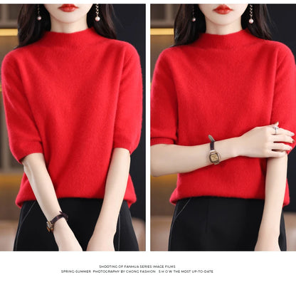 Fashion Half Short Sleeve 100% Merino Wool Sweater Basic Mock-Neck  Cashmere Women Knitted Top  Pullover Clothing Tops