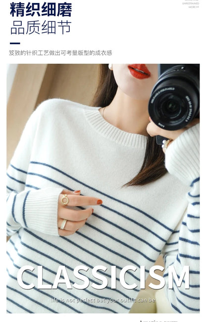 100% Cotton Knitted Sweater Women's Sweater Striped Color Matching Round Neck Large Size Loose Temperament Long Sleeve Bottoming