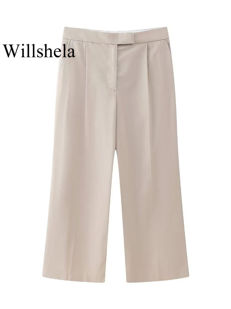 Willshela Women Fashion Two Piece Set Khaki Blazer With Pockets & Vintage Front Zipper Trousers Feamle Chic Lady Pants Sets