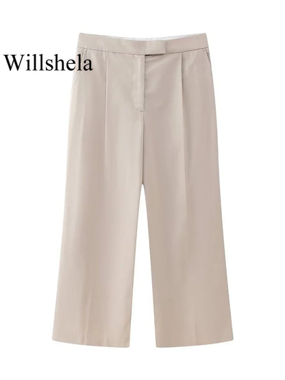 Willshela Women Fashion Two Piece Set Khaki Blazer With Pockets & Vintage Front Zipper Trousers Feamle Chic Lady Pants Sets