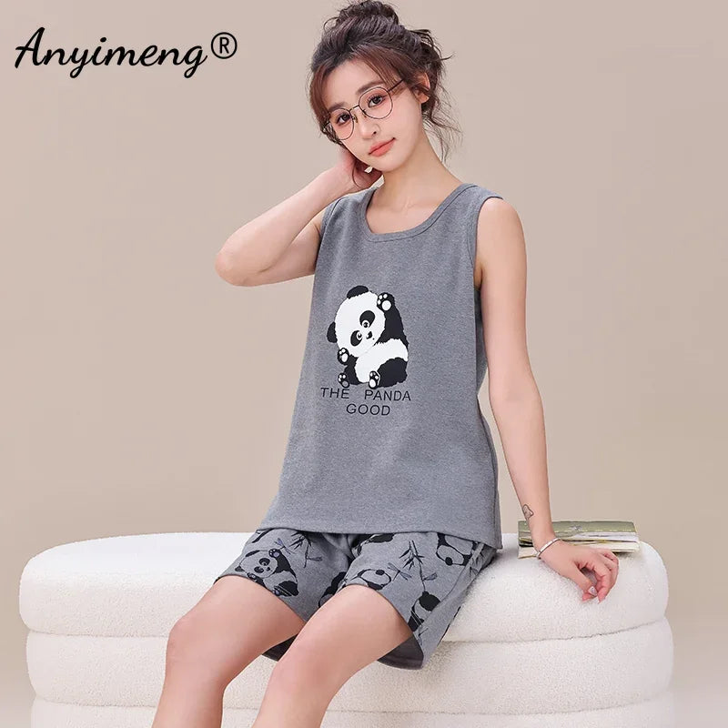 New Summer Woman's Cotton Pajamas Set Shorts Sleeveless Cartoon Sleepwear Ladies Pijamas Women M-3XL Fashion Leisure Homewear