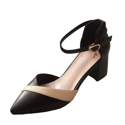 Women's Classic Beige Square Heel Pointed Shoes for Party Ladies Spring Summer Black Buckle PU Leather Profession Pumps