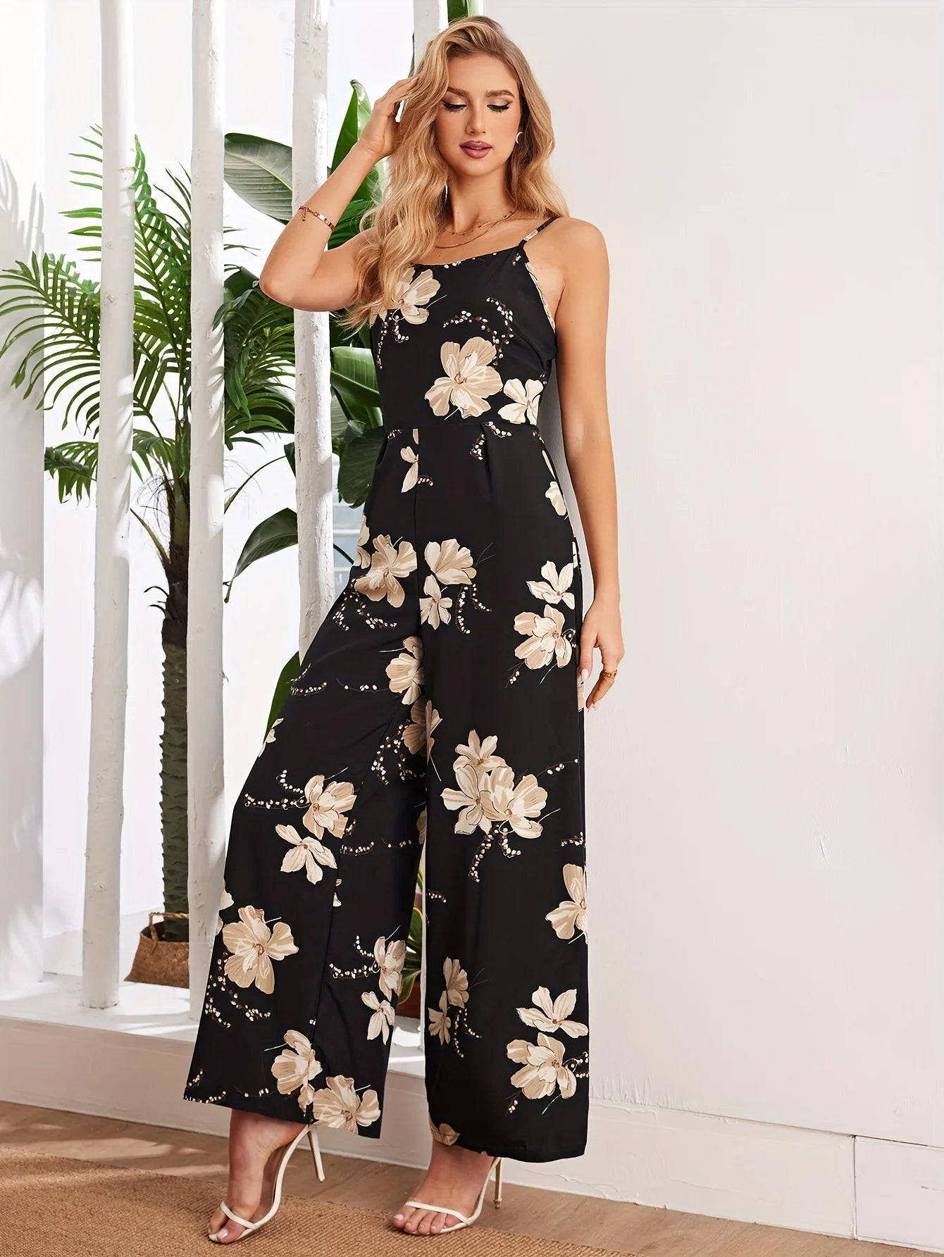 Summer Elegant Black Spaghetti Strap Overalls For Women Fashion New Flower Print Back Lace Up Sleeveless Wide Leg Jumpsuits