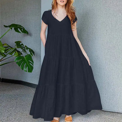 2024 ZANZEA Summer Maxi Long Dress Women Bohemian Holiday Sundress V Neck Short Sleeve Robe Femme Casual Loose Ruffles Vestidos