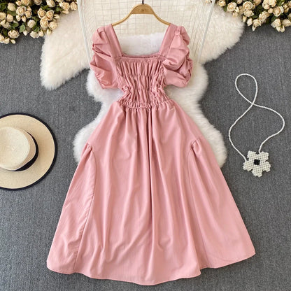 2024 New Summer Y2K Vintage Women Dress Elegant Puff Sleeve Big Swing Party Dress Korean Fashion Lady Outfits Vestidos