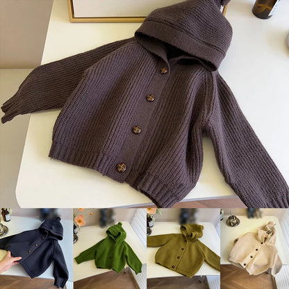 Children Knitted Sweaters Cardigan Autumn Winter Cute Solid Color Single-Breasted Hooded Coat Baby Cardigan Boys Girls Jacket