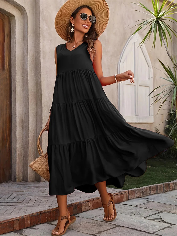 Y.KUKU 2024 Women Dress Summer Casual Brand Vacation Holiday Beach Long Dresses V-neck Loose Elegant Yellow Dress Femme