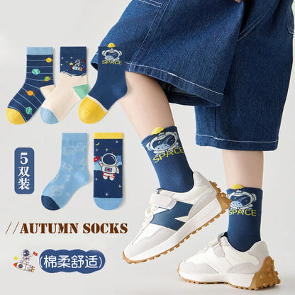 Autumn Socks Boys' Cartoon Astronaut Pattern Cotton Socks Children's Medium Socks Baby Autumn Socks