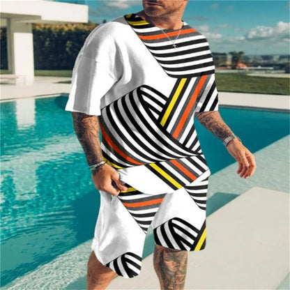 Summer Beach Men's Tshirt Set 3D Print Geometric Pattern Men Woman Round Neck T-Shirt Shorts Two Piece Set Casual Man Clothing