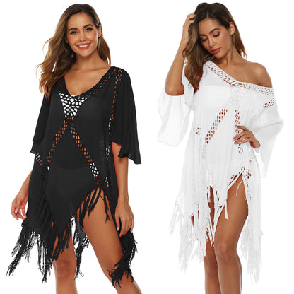 CROCHET BIKINI Backless Cover Up With Tassels Sexy V-neck Halter Beach Dress Women Summer Bathing Suit Beachwear