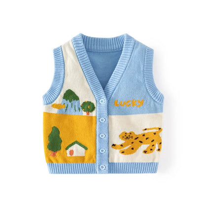 New Ins Spring Autumn Little Boy Cardigan Jacquard Cartoon Patchwork Baby Boys Waistwear Knitted Woven Cotton Toddler Boy Vest