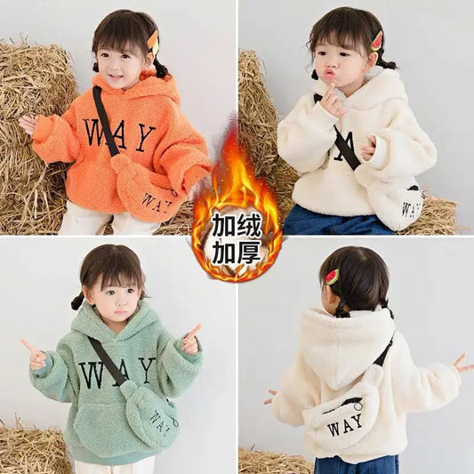 Toddler Kids Baby Girls Boys Cute Hoodies Sweater Winter Warm Top Long Sleeve Fur Pullover Thick Warm Clothes With Bag 2-9 Years