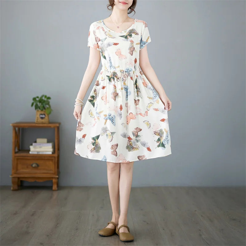 THHONE Summer Dress for Women Floral Casual Print Loose Vintage Draw String Robe Elegant Mini New in Dresses Vestido Feminino