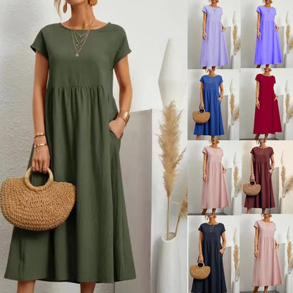 Women Vintage Solid Dress 2024 Summer Elegant O Neck Short Sleeve Cotton Linen Dresses Female Casual Loose Sundress Long Dress