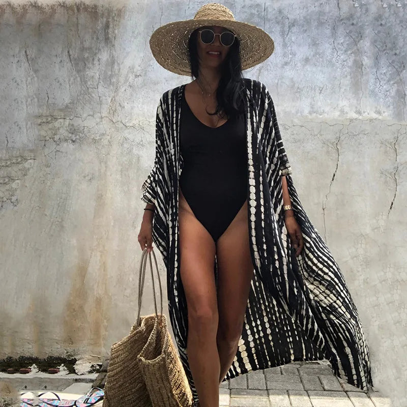 Beach Cover Ups for Swimwear Women Black Tie Dye Kimono Swimsuit Cape Summer Dress 2023 Beachwear Outfit Oversized Loose