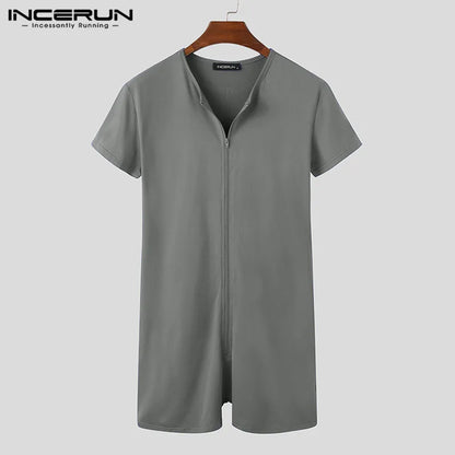 INCERUN 2024 Men Pajamas Rompers Solid Short Sleeve V Neck Zipper Cozy Sleepwear Playsuits Fitness Leisure Men Jumpsuit Homewear