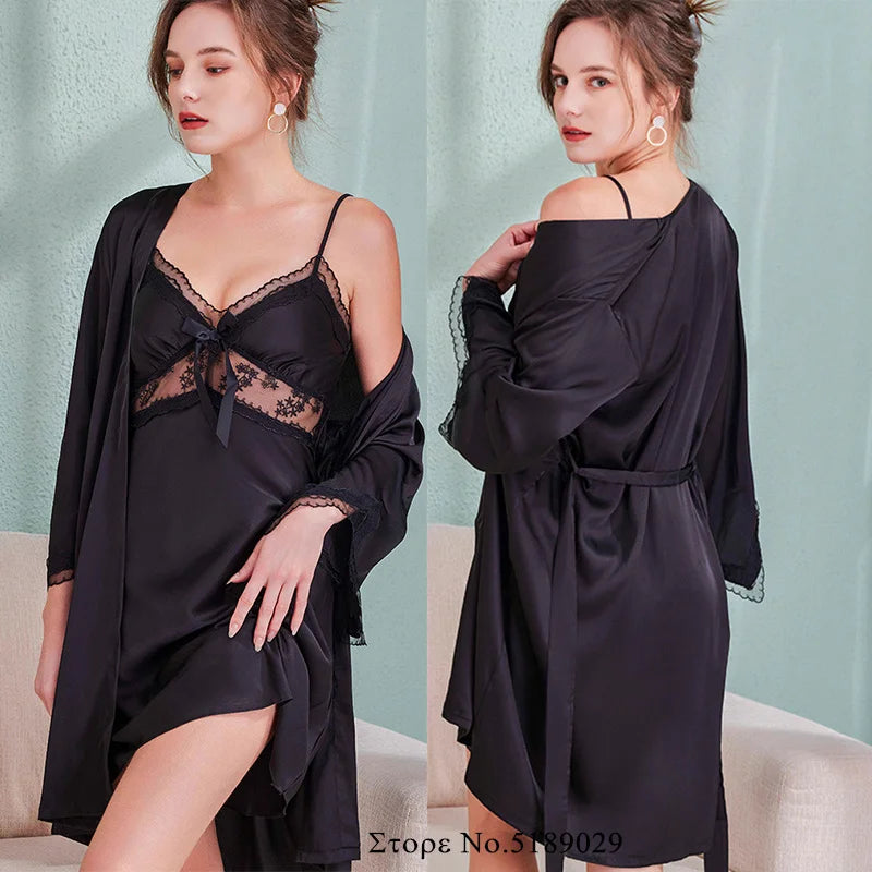 Pin Bow Nightgown Sexy Intimate Lingerie Female Kimono Bathrobe Gown Rayon Sleepwear Lace Trim Nightwear Sleepshirt Loungewear