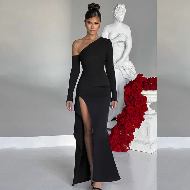 Fashion Spring Long Sleeve Women Dress Elegant Sexy Evening Dress Single Shoulder Black Vestidos