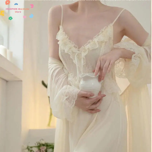 Sweet Princess Satin Sleepwear Women Sexy Lace Patchwork Robe Set Court Style Homedress Bridal Wedding Dressing Gown Nightwear