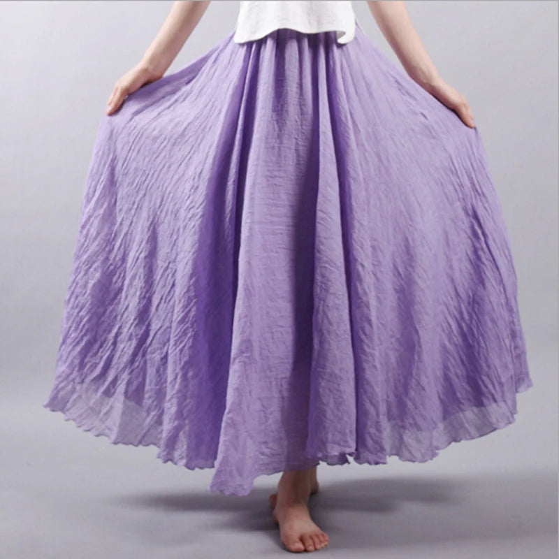 Women Linen Long Skirts Elastic Waist Pleated Maxi Skirts Beach Boho Vintage Summer Skirts Faldas Saia 14 Colors