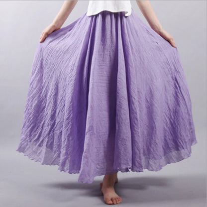 Women Linen Long Skirts Elastic Waist Pleated Maxi Skirts Beach Boho Vintage Summer Skirts Faldas Saia 14 Colors