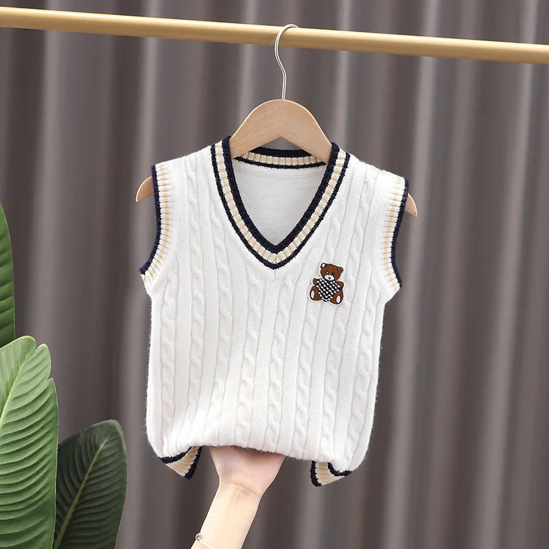 Boys Clothing Spring Autumn Tops Casual Fashion Knitted Vest Bear Printed Sport Outfits Girls Sleeveless Coat