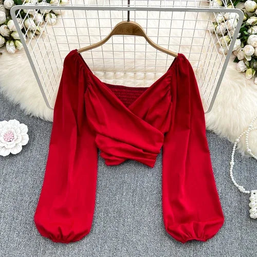 Chic Puff Long Sleeve Criss-cross Slim Blouse Korean Fashion Pleated Crop Top Sexy Shirt Hotsweet Spring Autumn Women Clothes