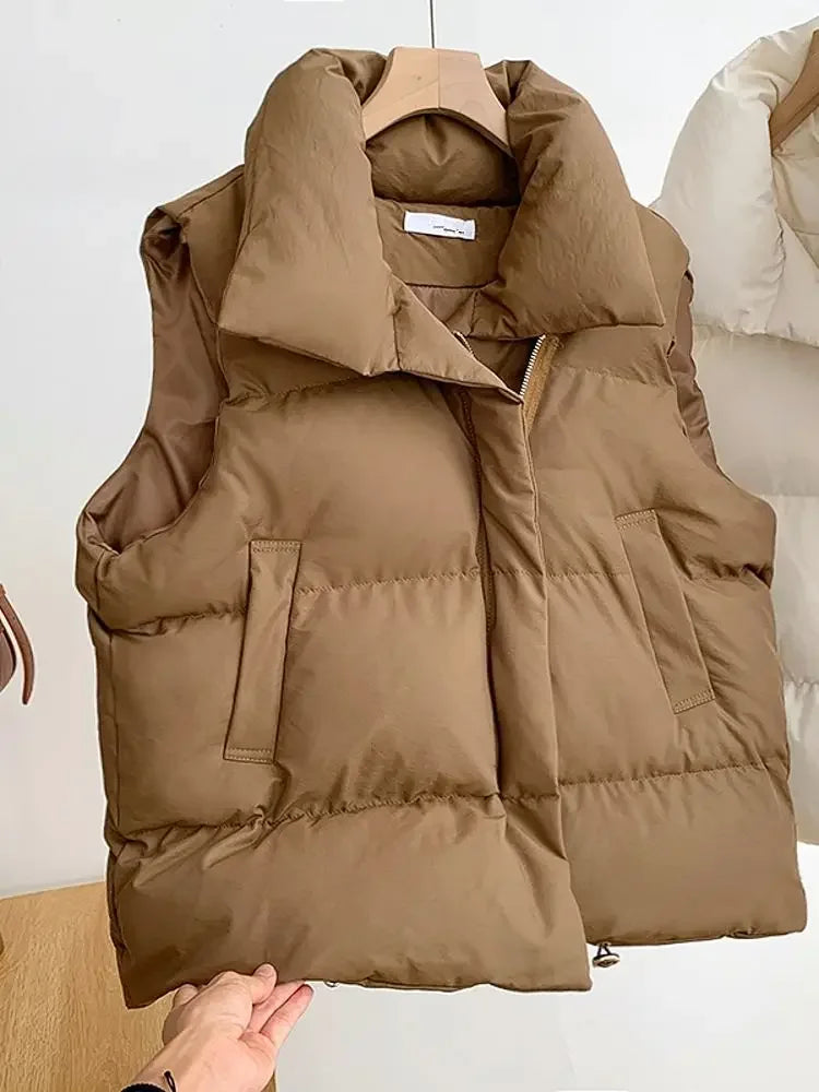 Autumn Winter Women Casual Loose Thicken Jacket Coat Mock Neck Zipper Up Solid Warm Vest Coat For Women Puffer Jackets 2023