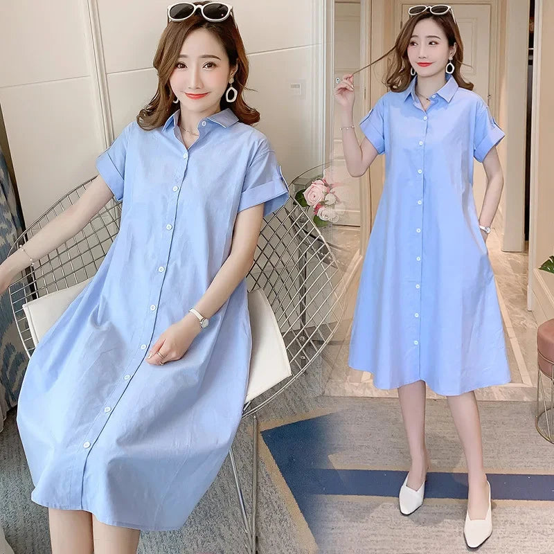 Maternity Dresses Cotton Summer Clothes for Pregnant Women Fashion Oversized Mid Length Shirt Skirt Casual Pregnancy Vestidos